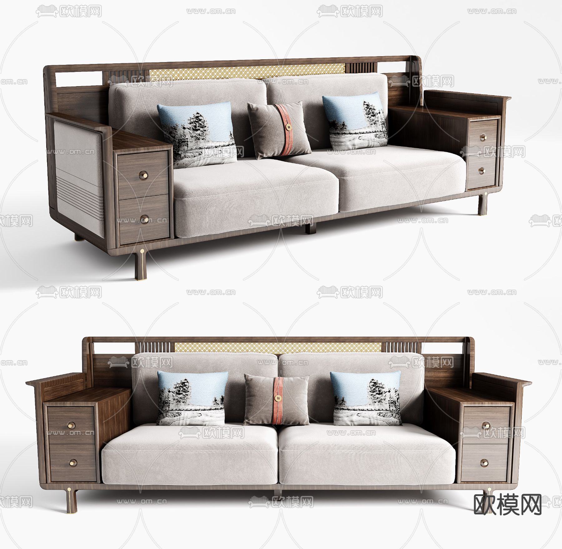 新中式布艺双人沙发su模型下载_ID12054107_sketchup模型下载-欧模网