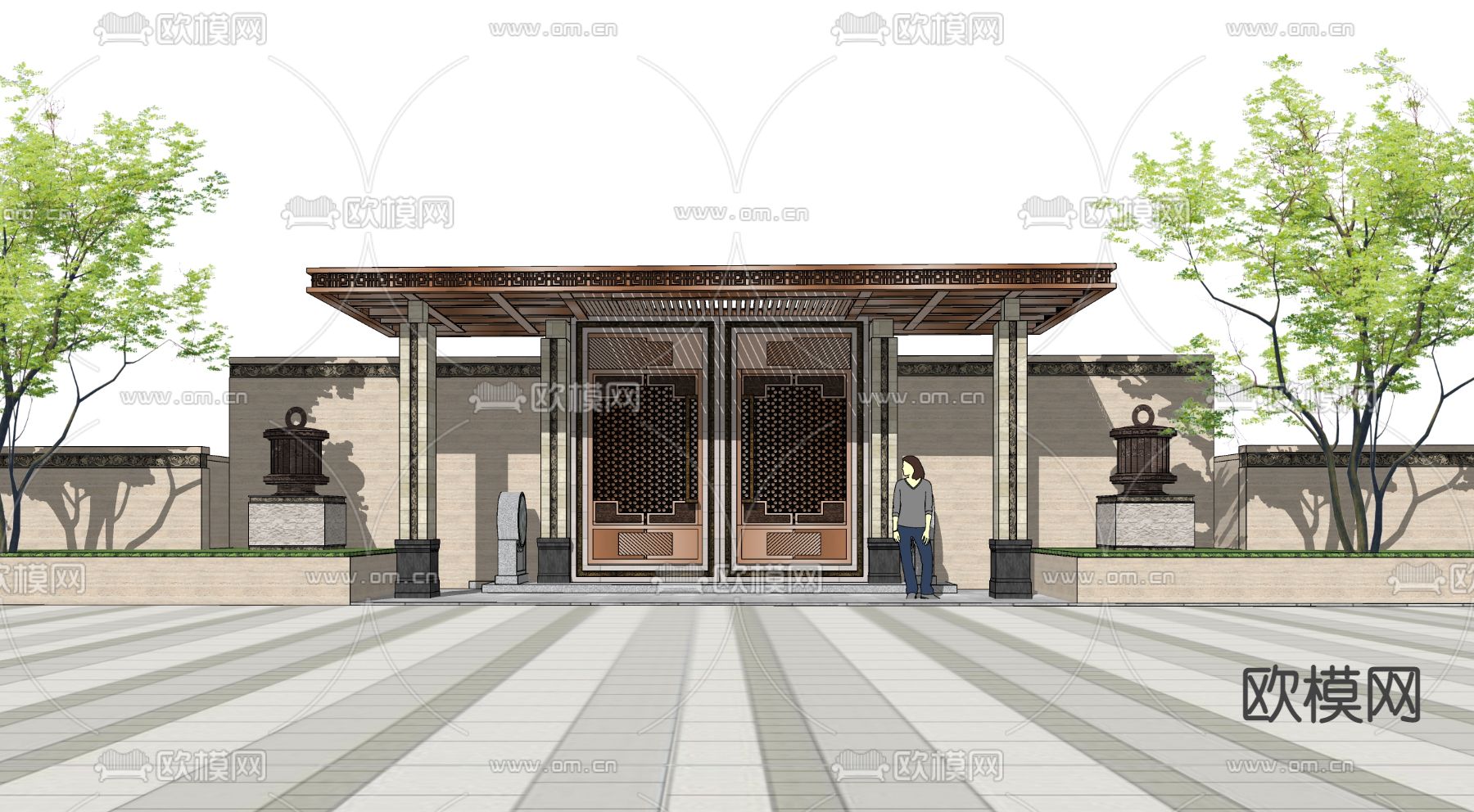 中式入口大门su模型下载_ID12061889_sketchup模型下载-欧模网