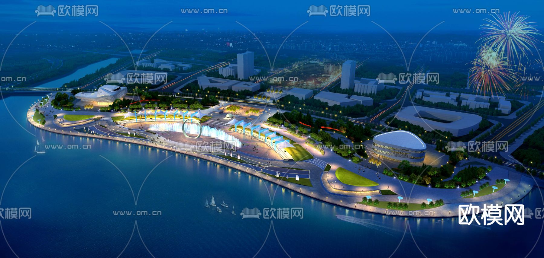 现代海边广场公园夜景景观psd下载_ID12061420_3dmax免费模型-欧模网