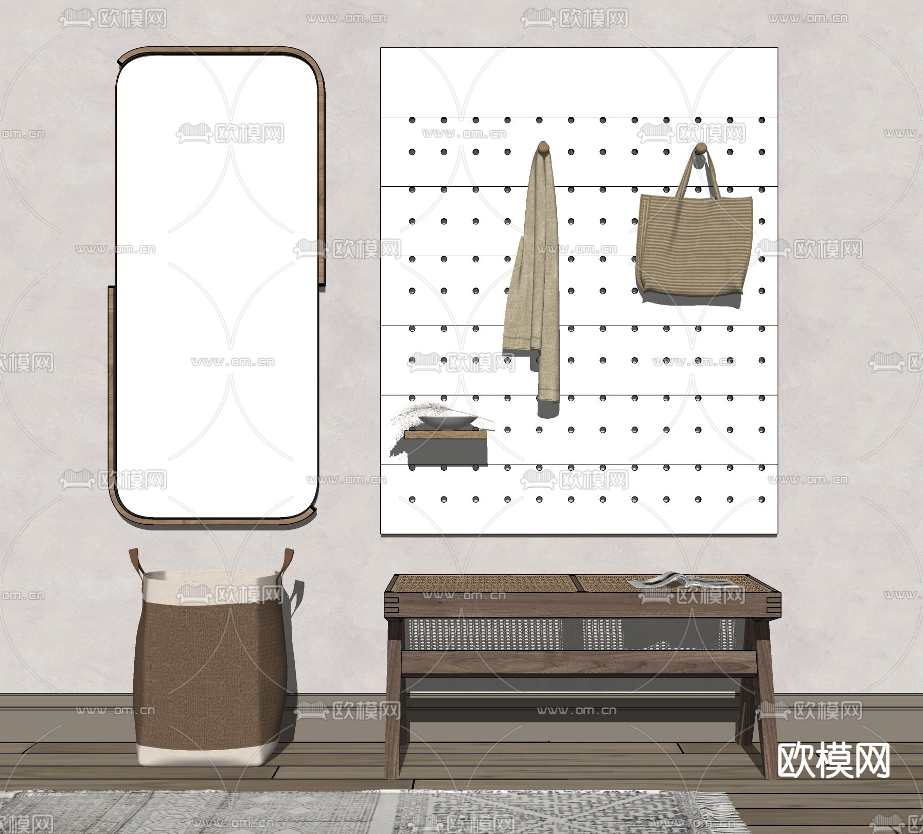 现代藤编换鞋凳长凳su模型