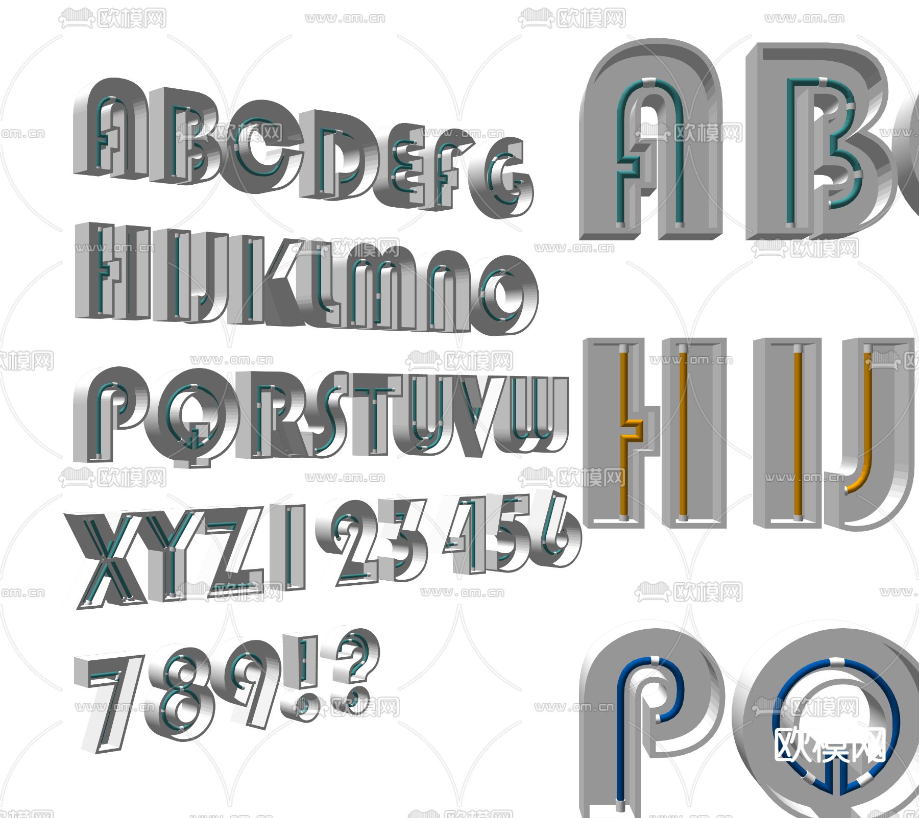 现代不锈钢字母数字霓虹灯装饰灯su模型下载（渲染图2）