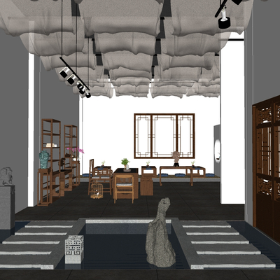  新中式茶室茶馆su模型 