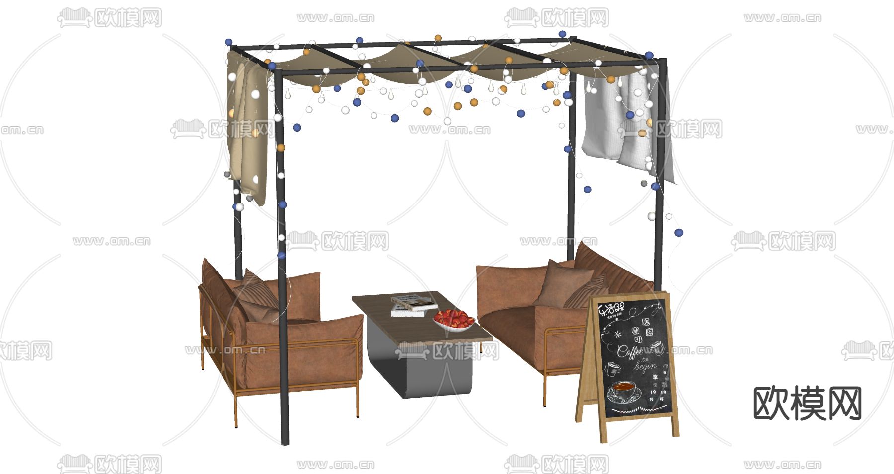 现代皮革休闲沙发su模型下载（渲染图2）