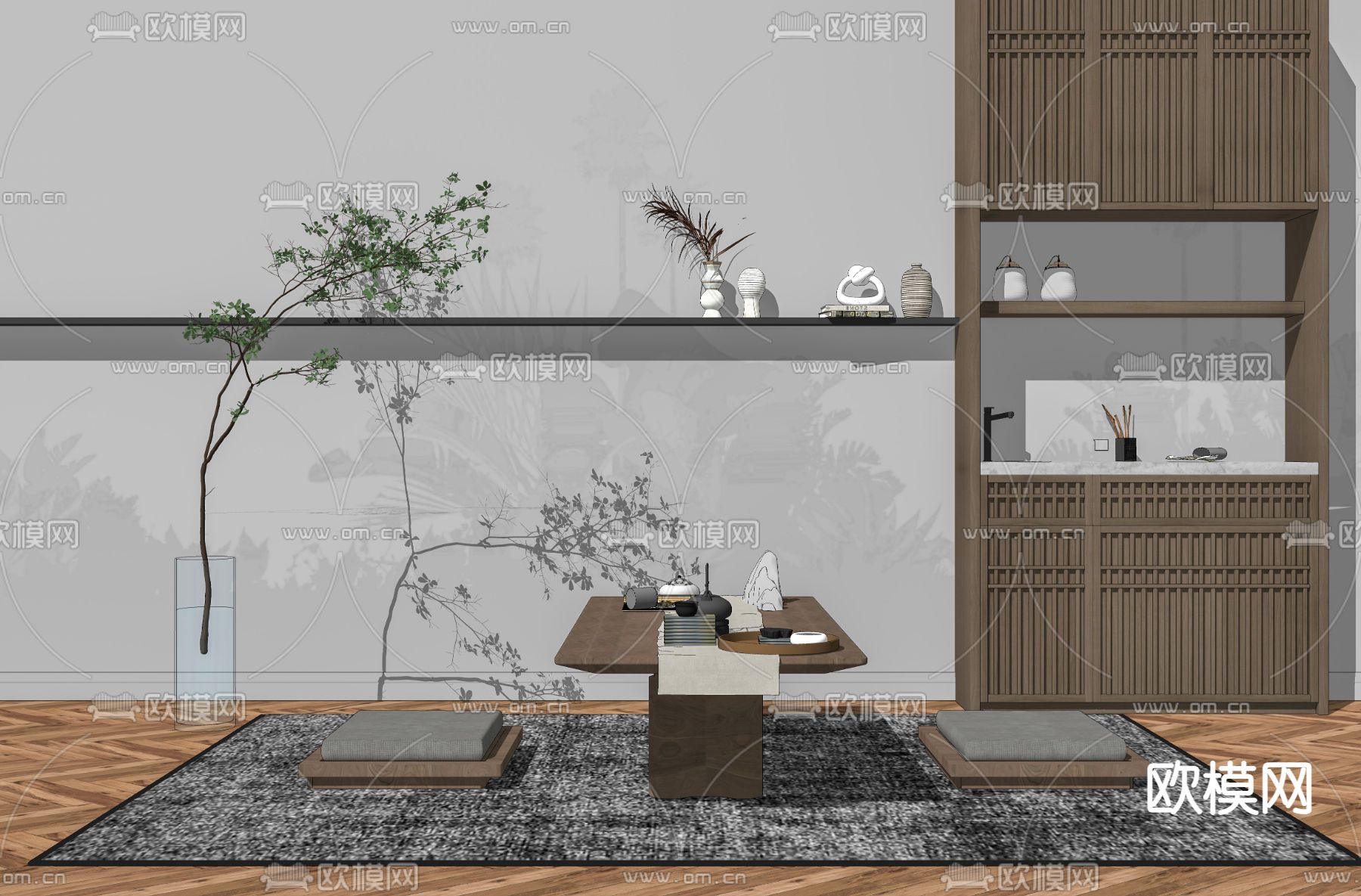 日式榻榻米茶桌椅su模型下载（渲染图2）