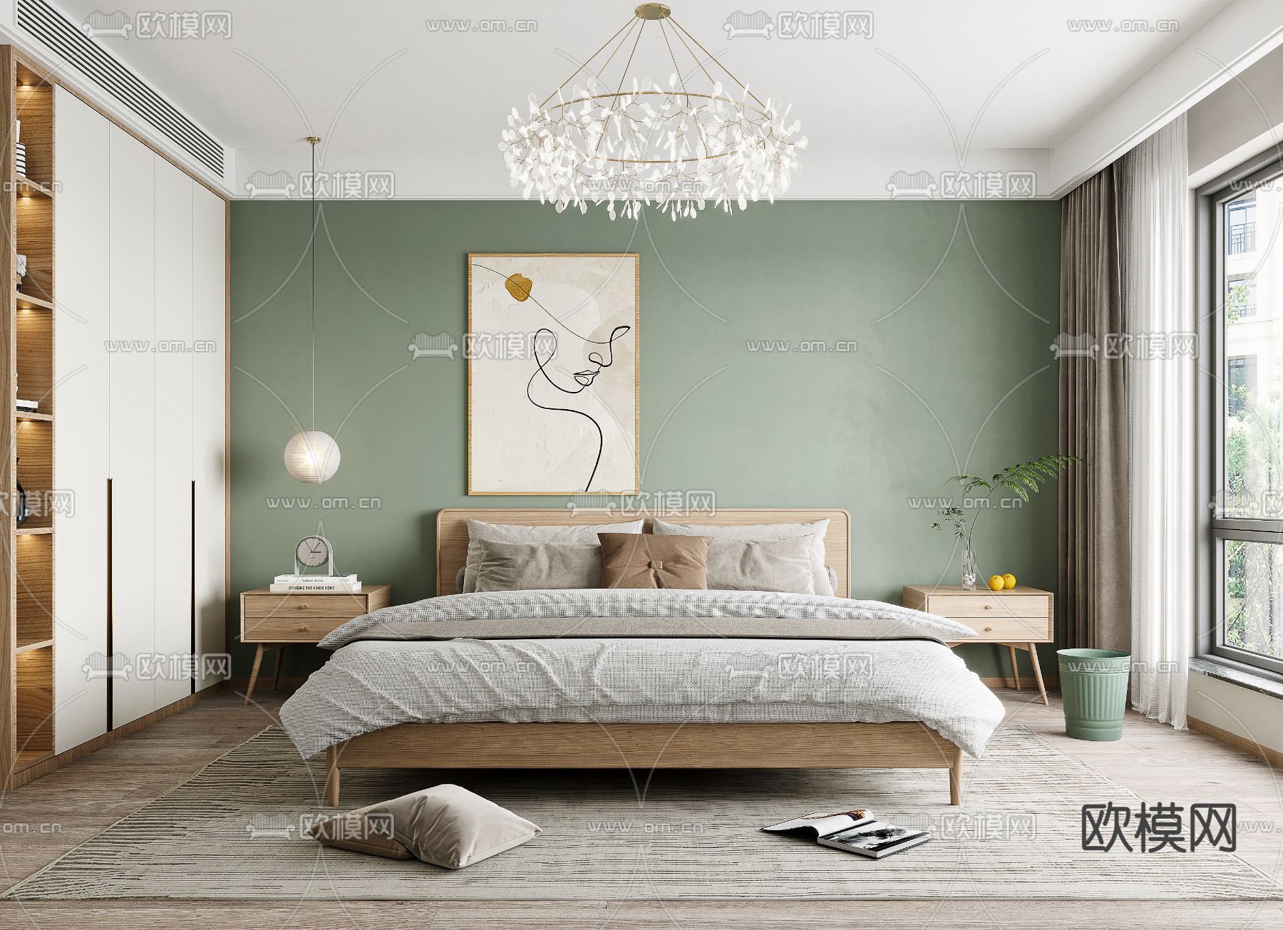 北欧卧室主人房su模型下载（渲染图1）