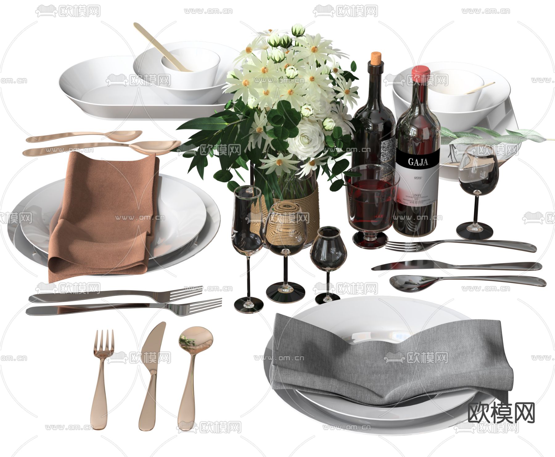 现代碗碟高脚杯餐具3d模型下载