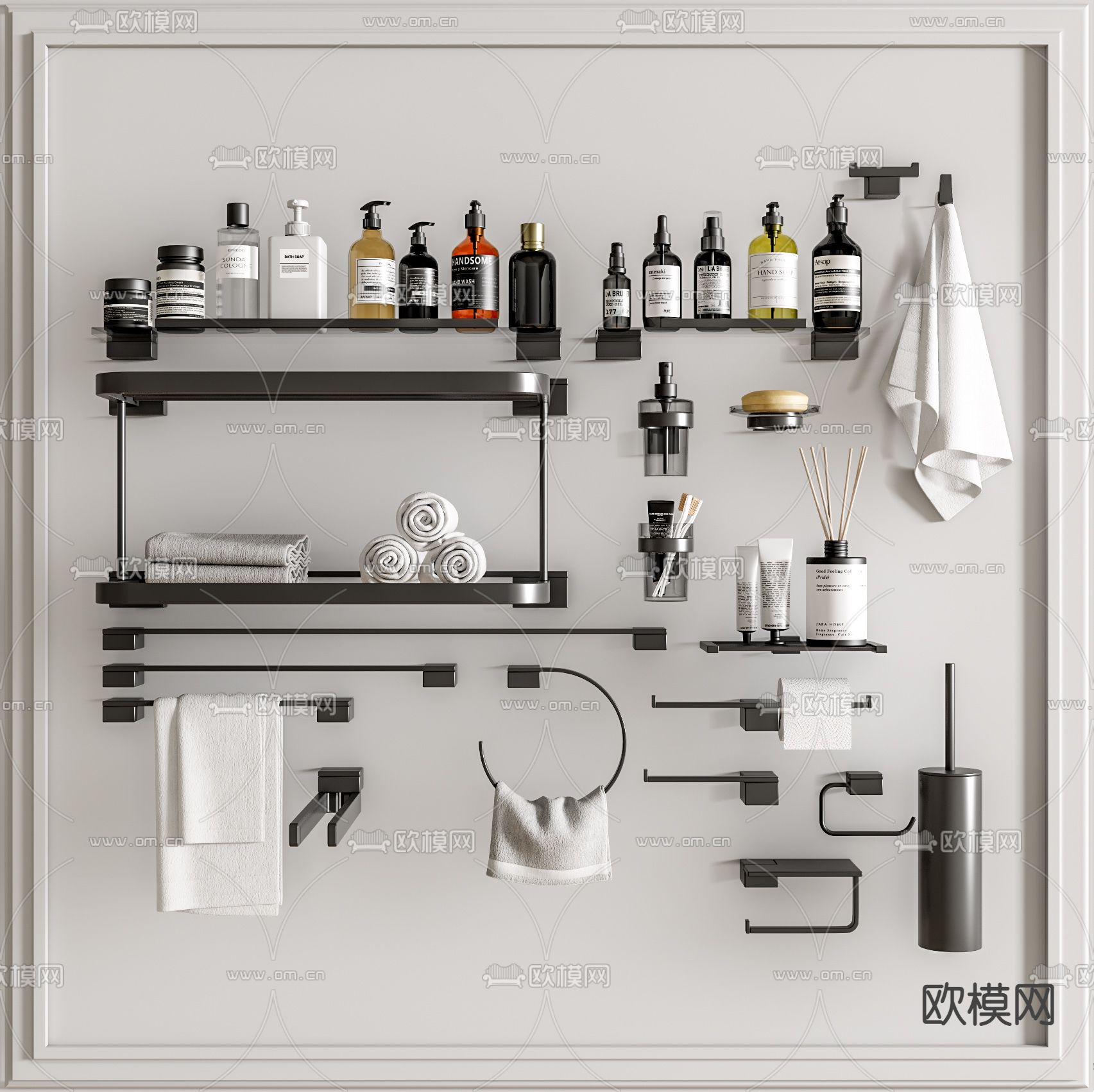 现代毛巾架洗浴用品su模型下载（渲染图1）