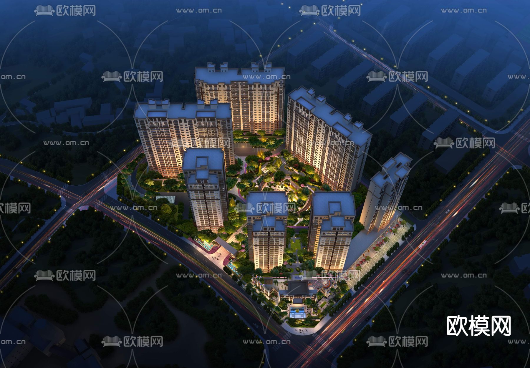 现代高层办公楼鸟瞰夜景景观psd下载