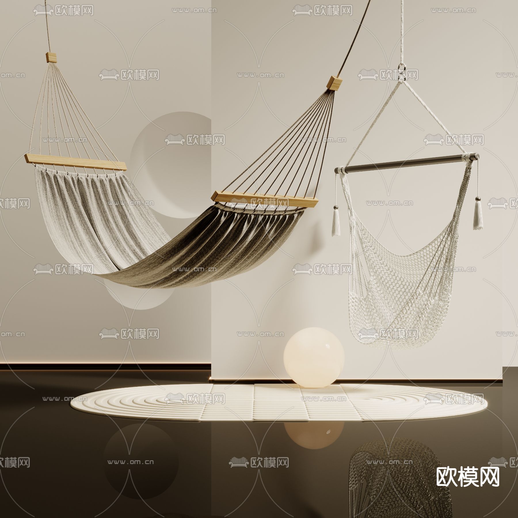 现代布艺绳编吊椅吊床3d模型下载（渲染图2）
