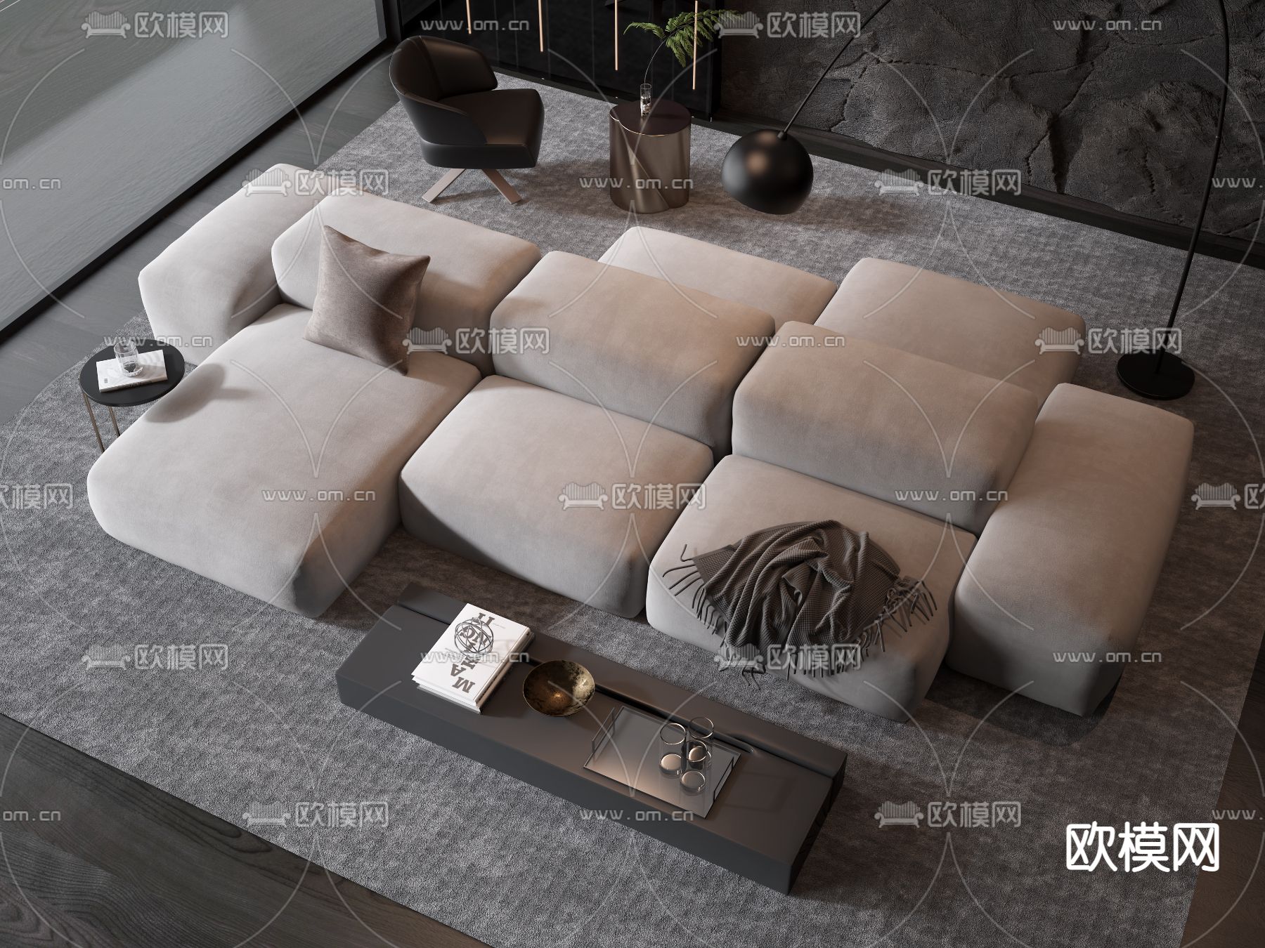 现代绒布双靠背沙发3d模型