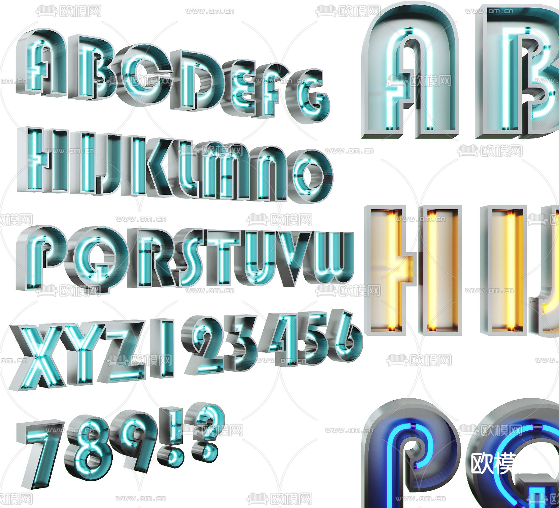 现代不锈钢字母数字霓虹灯装饰灯su模型下载（渲染图1）