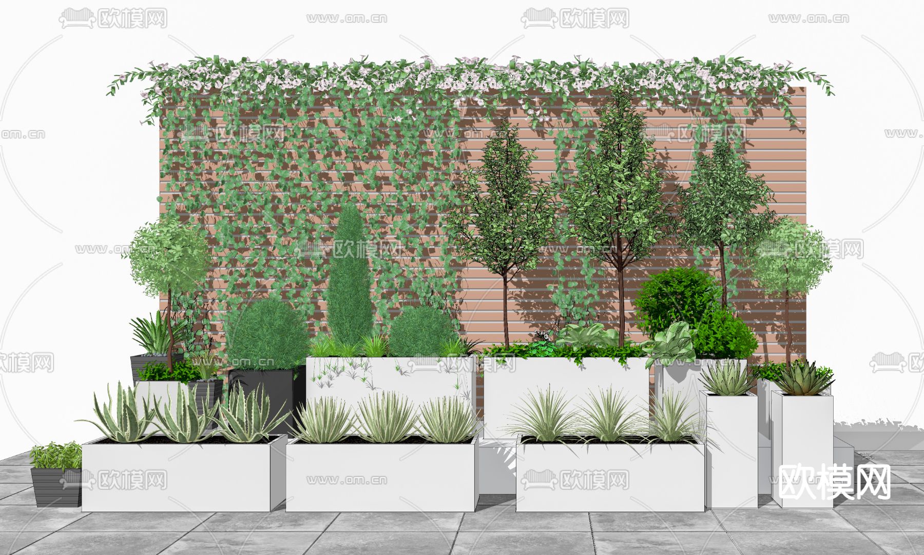现代花坛花箱植物墙su模型下载（渲染图2）
