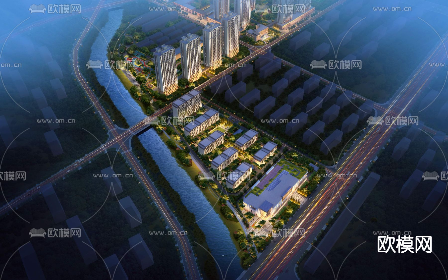 现代办公楼外观鸟瞰夜景景观psd下载