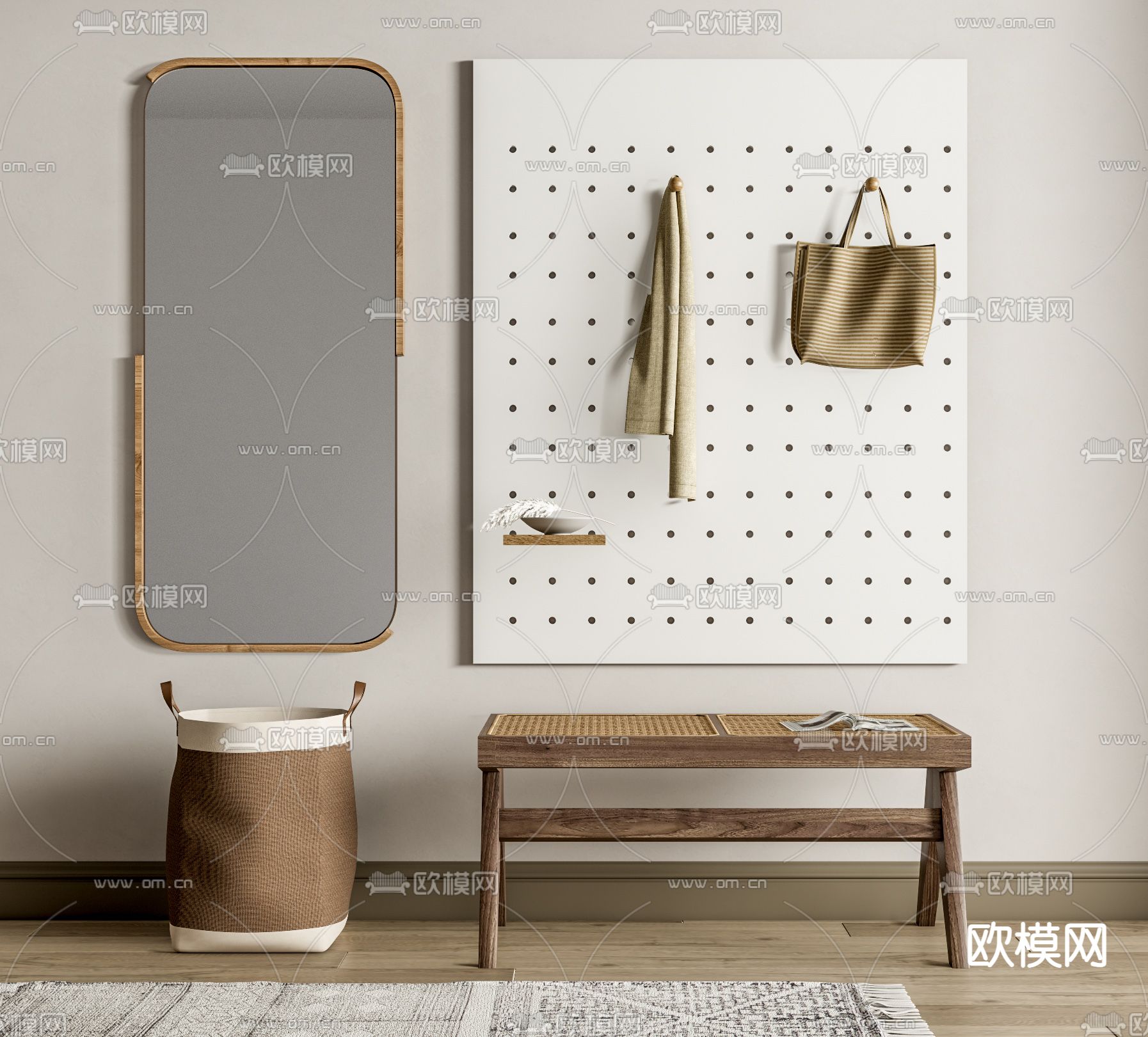 现代藤编换鞋凳长凳su模型