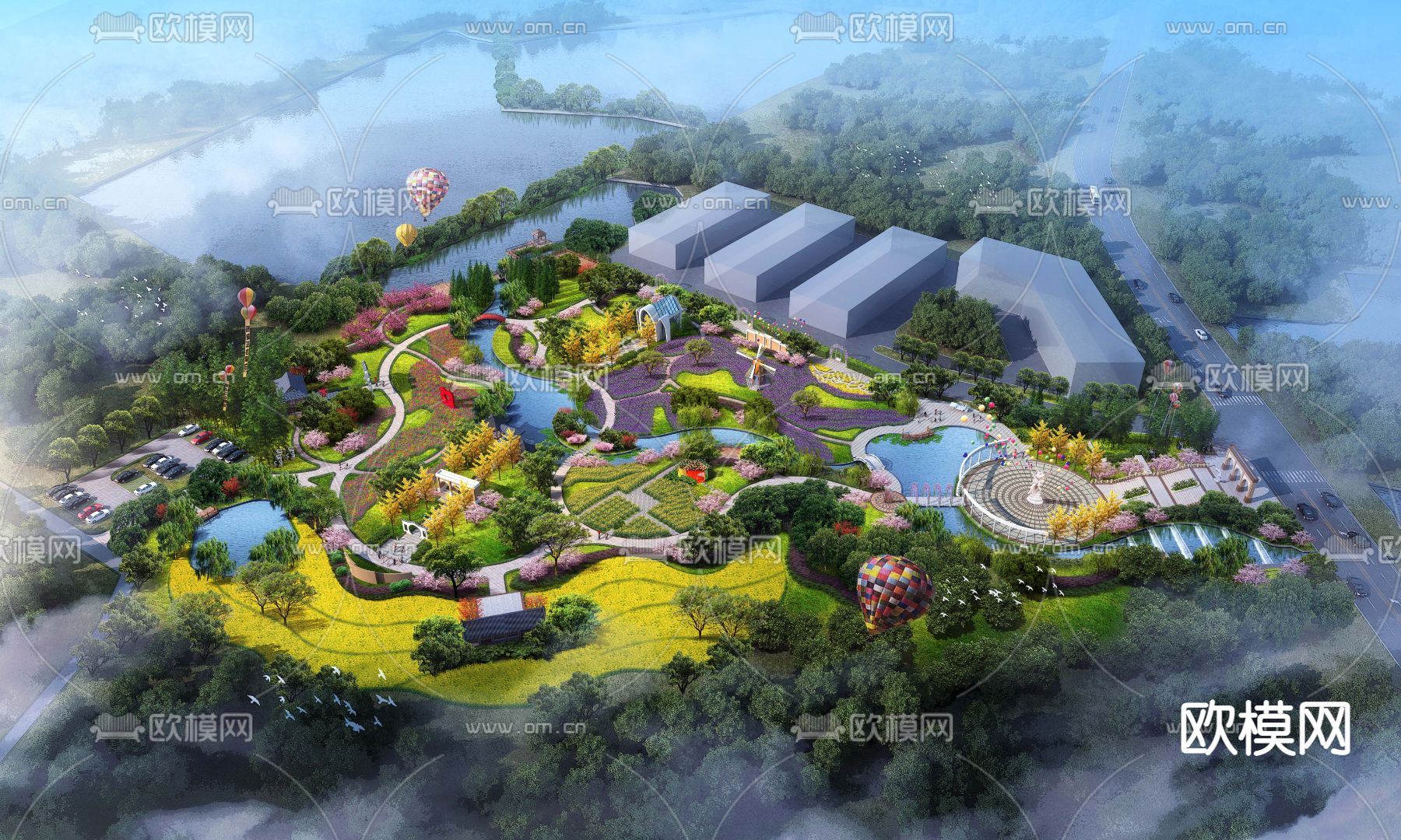 现代湿地园林鸟瞰景观psd下载