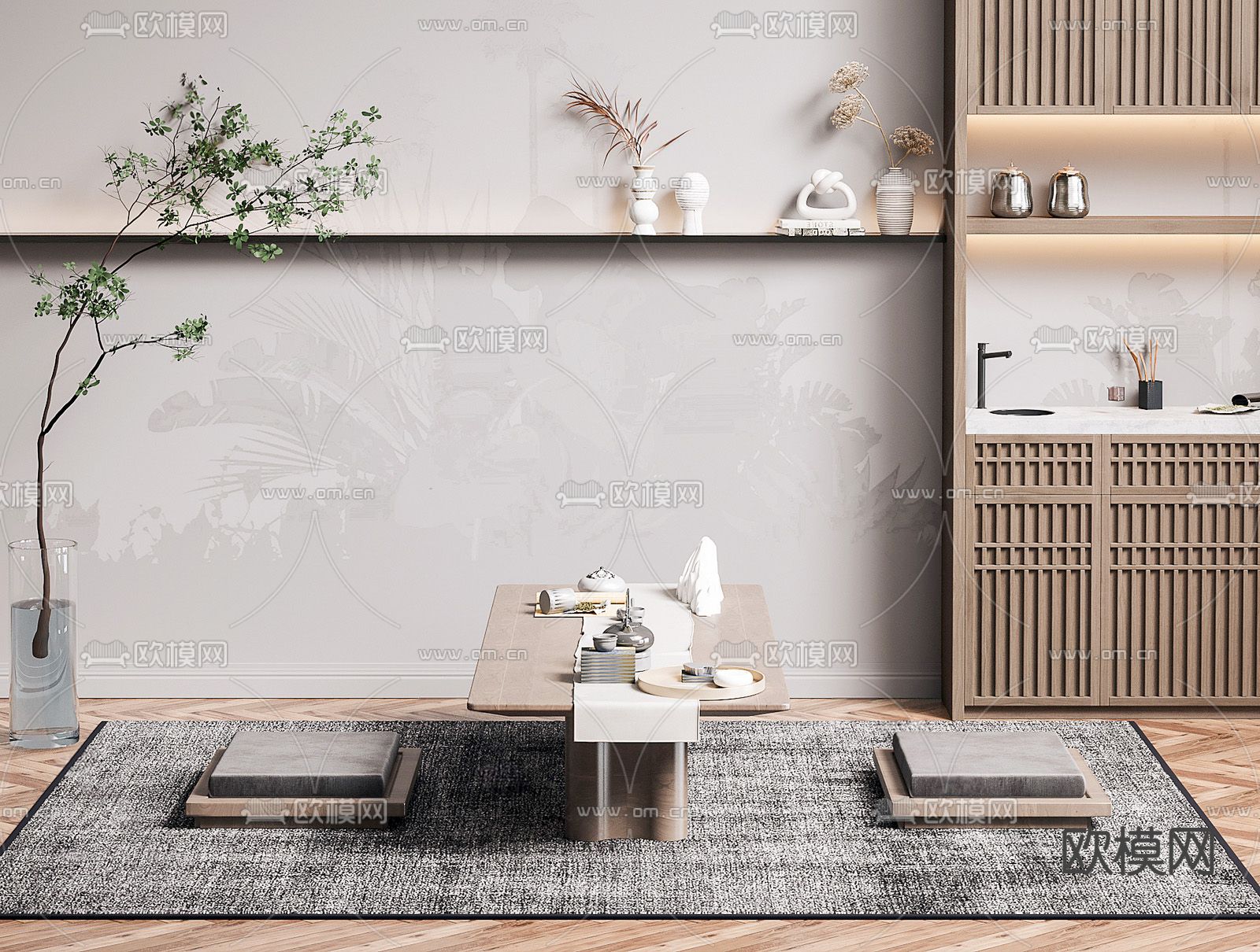 日式榻榻米茶桌椅su模型下载（渲染图1）