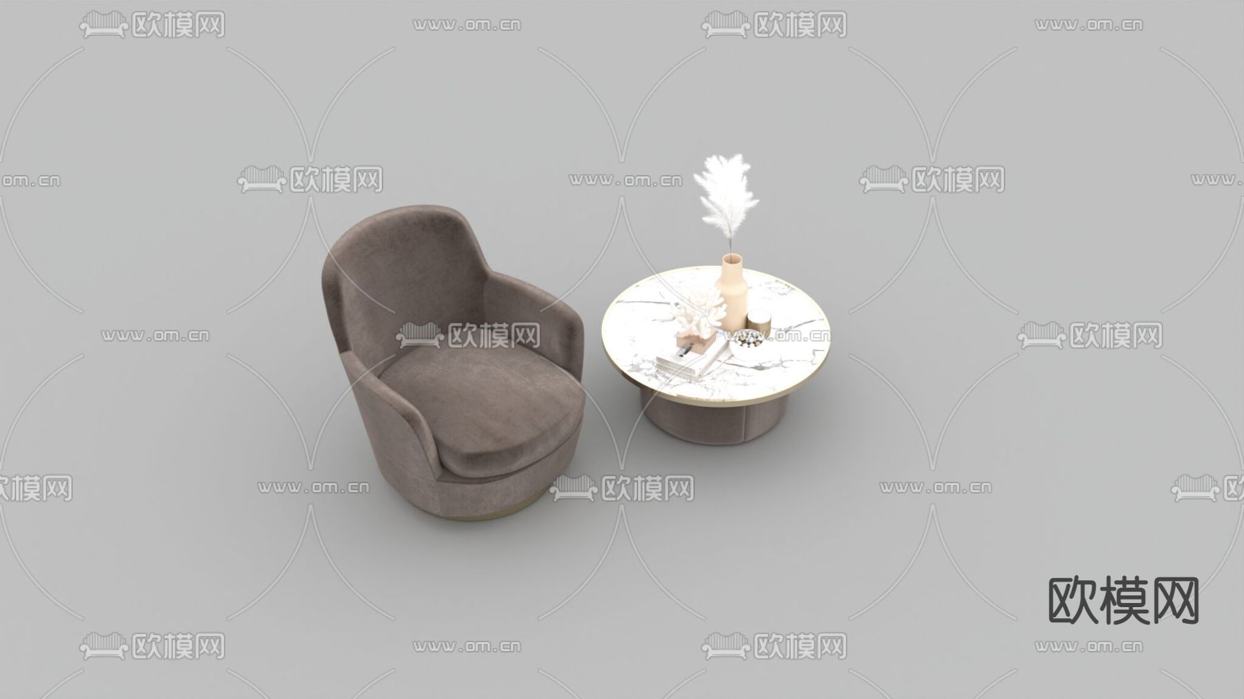 现代轻奢天鹅绒布艺单人沙发不锈钢大理石茶几免费3d模型下载