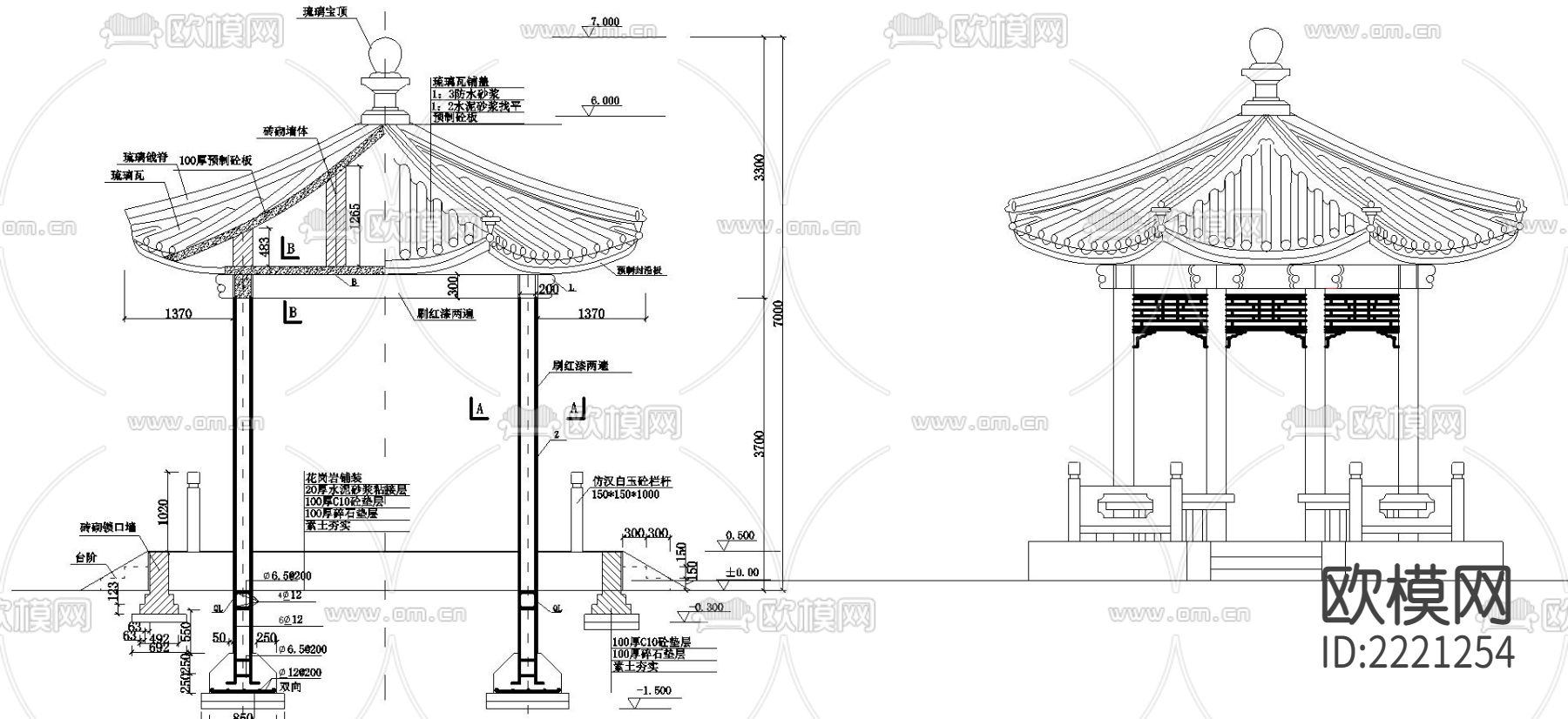 砼六角亭建筑CAD施工图下载（渲染图1）