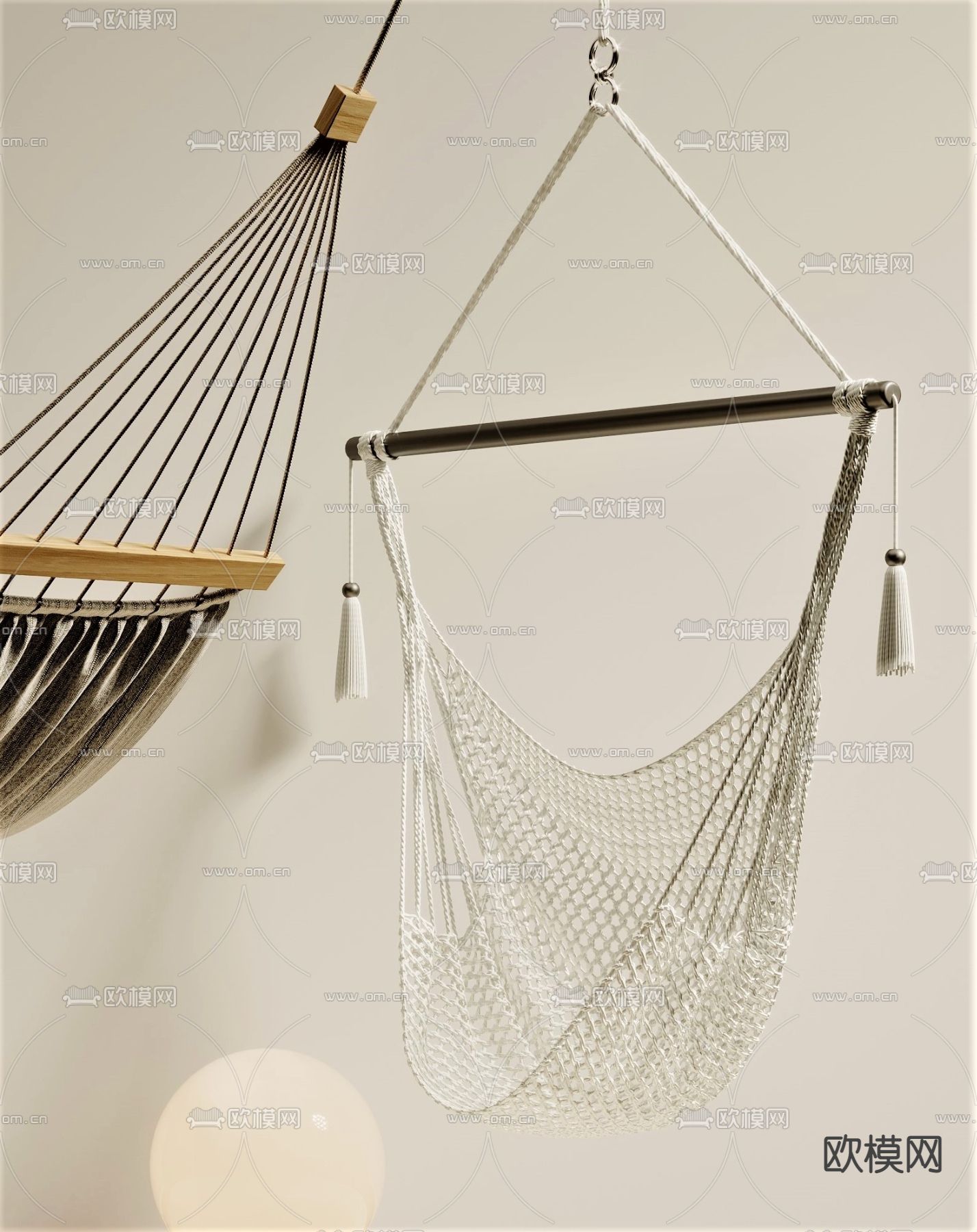 现代布艺绳编吊椅吊床3d模型下载（渲染图1）