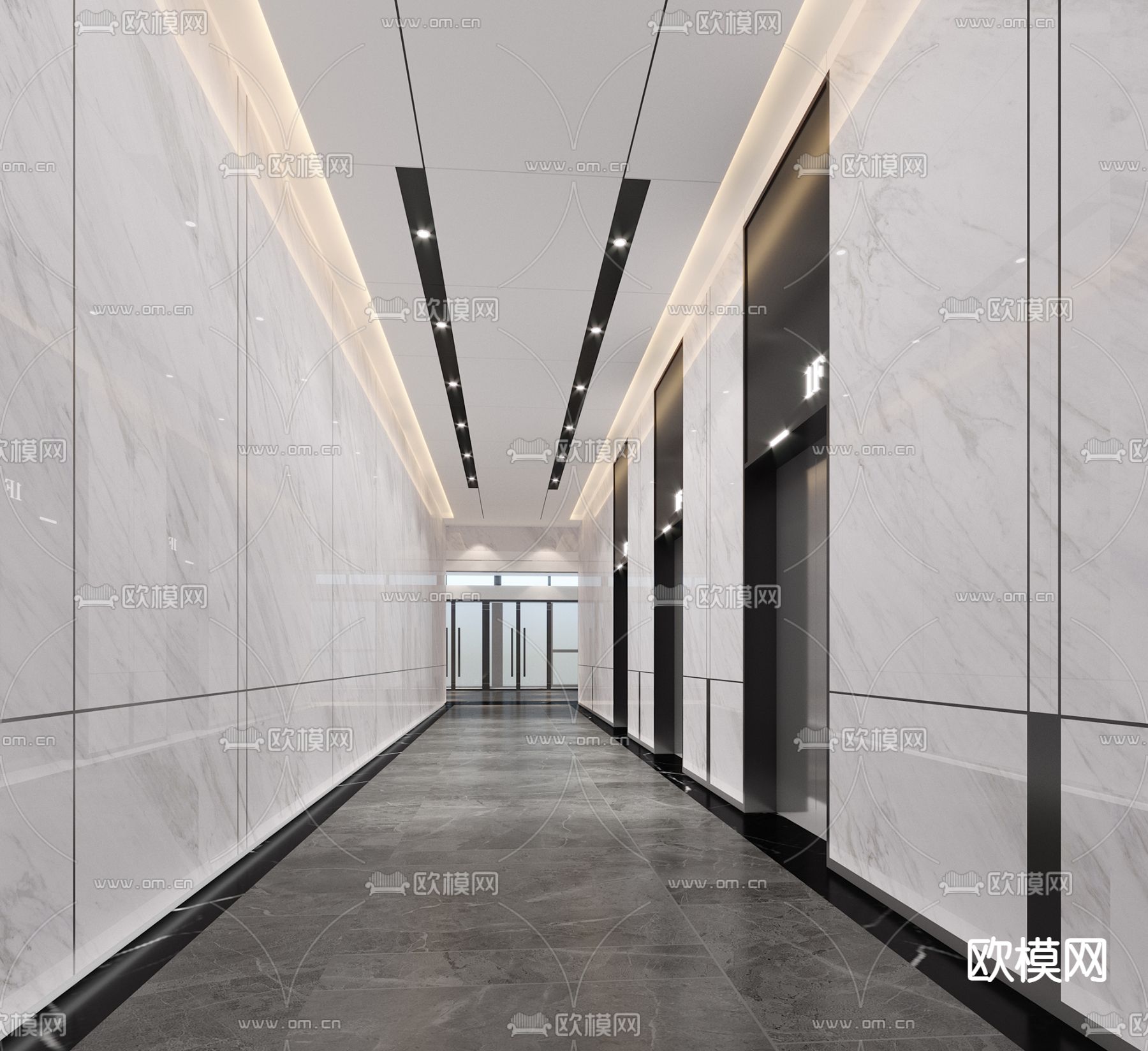 现代办公楼电梯厅走廊3d模型下载（渲染图1）