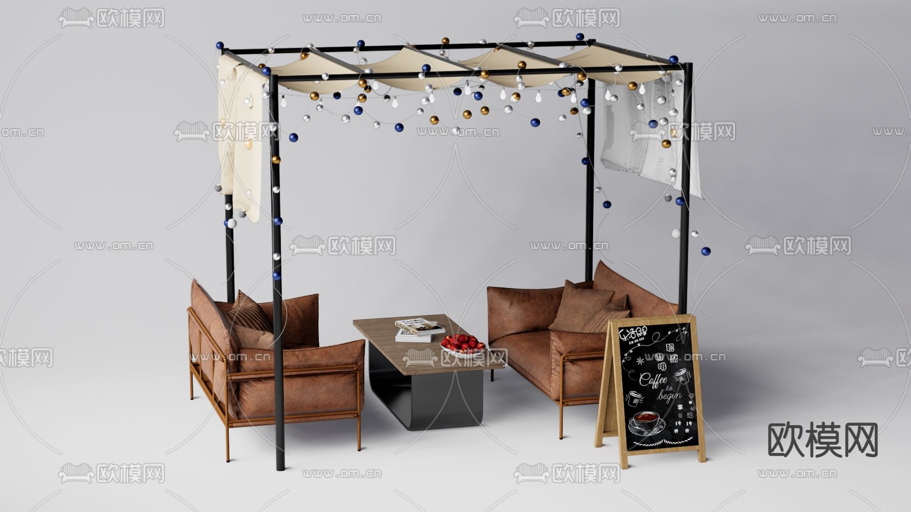 现代皮革休闲沙发su模型下载（渲染图1）