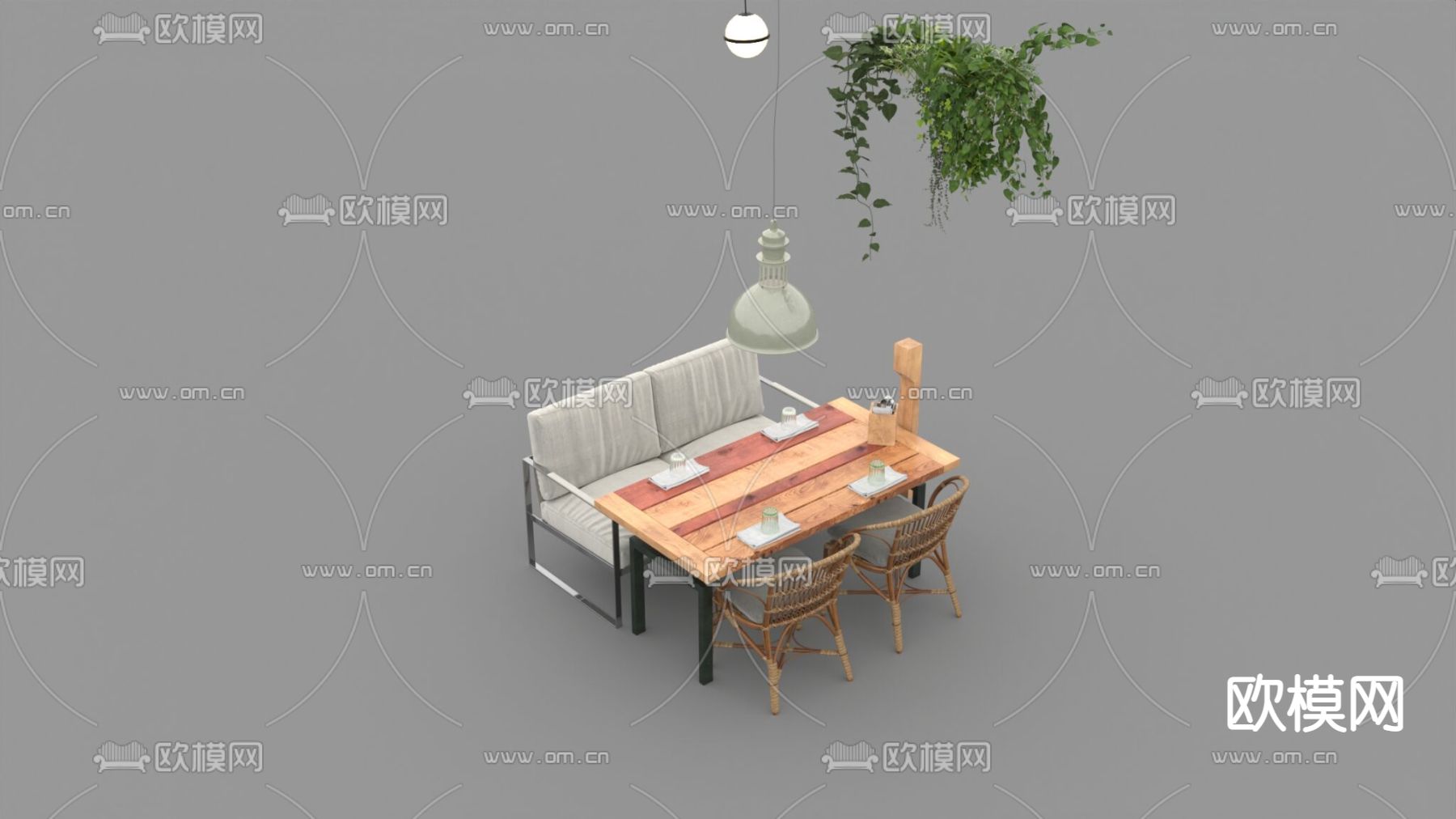 北欧简约不锈钢布艺实木藤椅餐桌椅免费3d模型下载