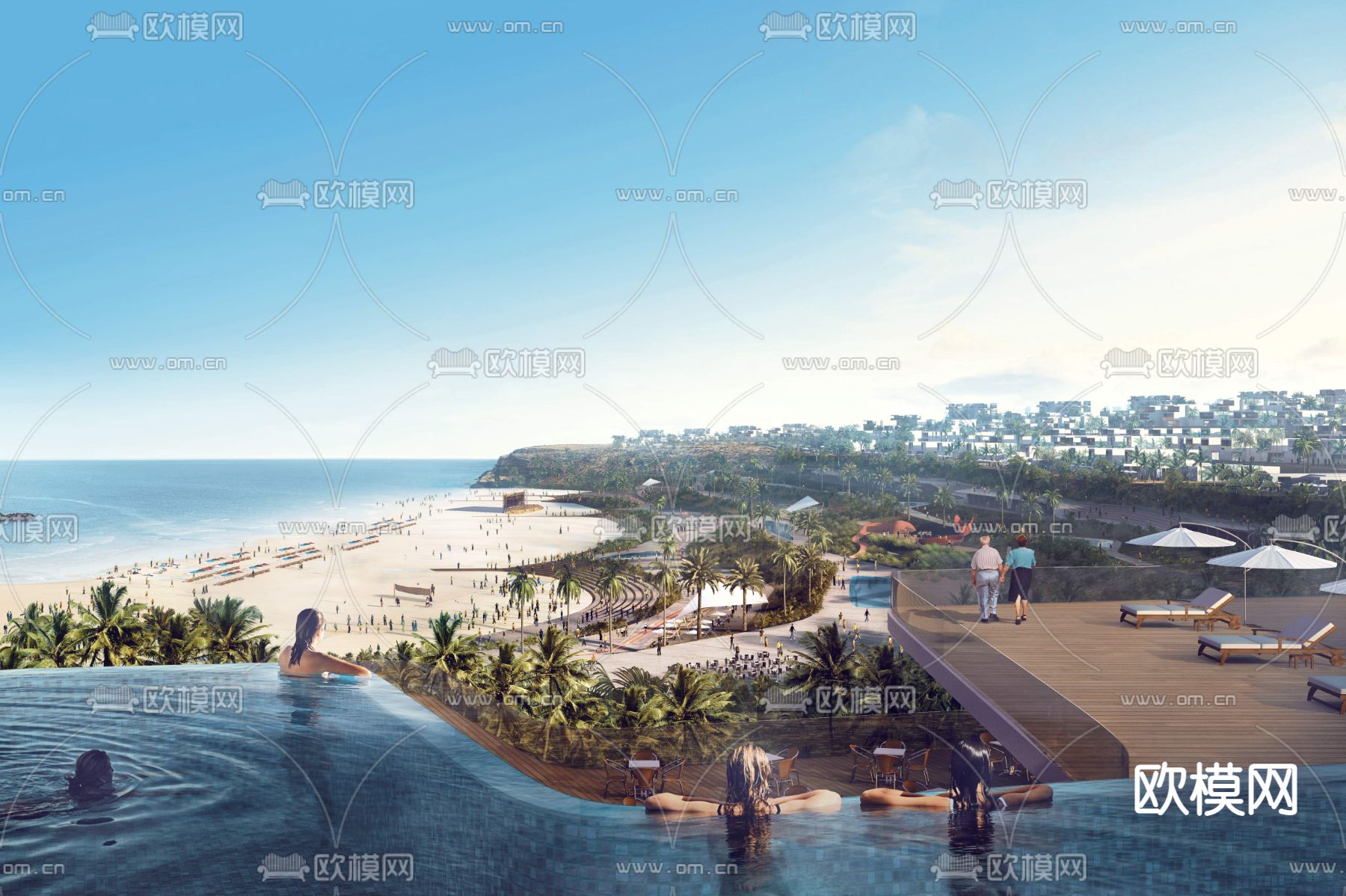现代泳池沙滩外观鸟瞰3d模型下载