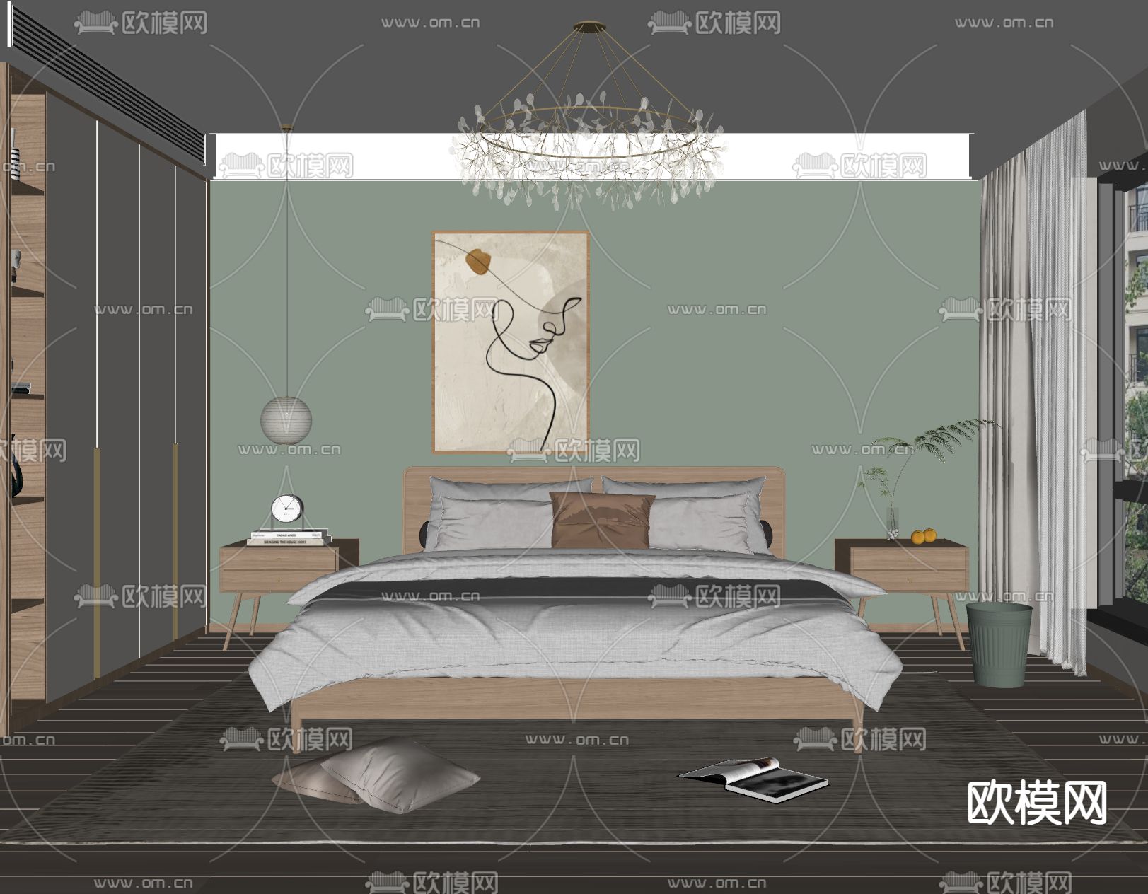 北欧卧室主人房su模型下载（渲染图2）