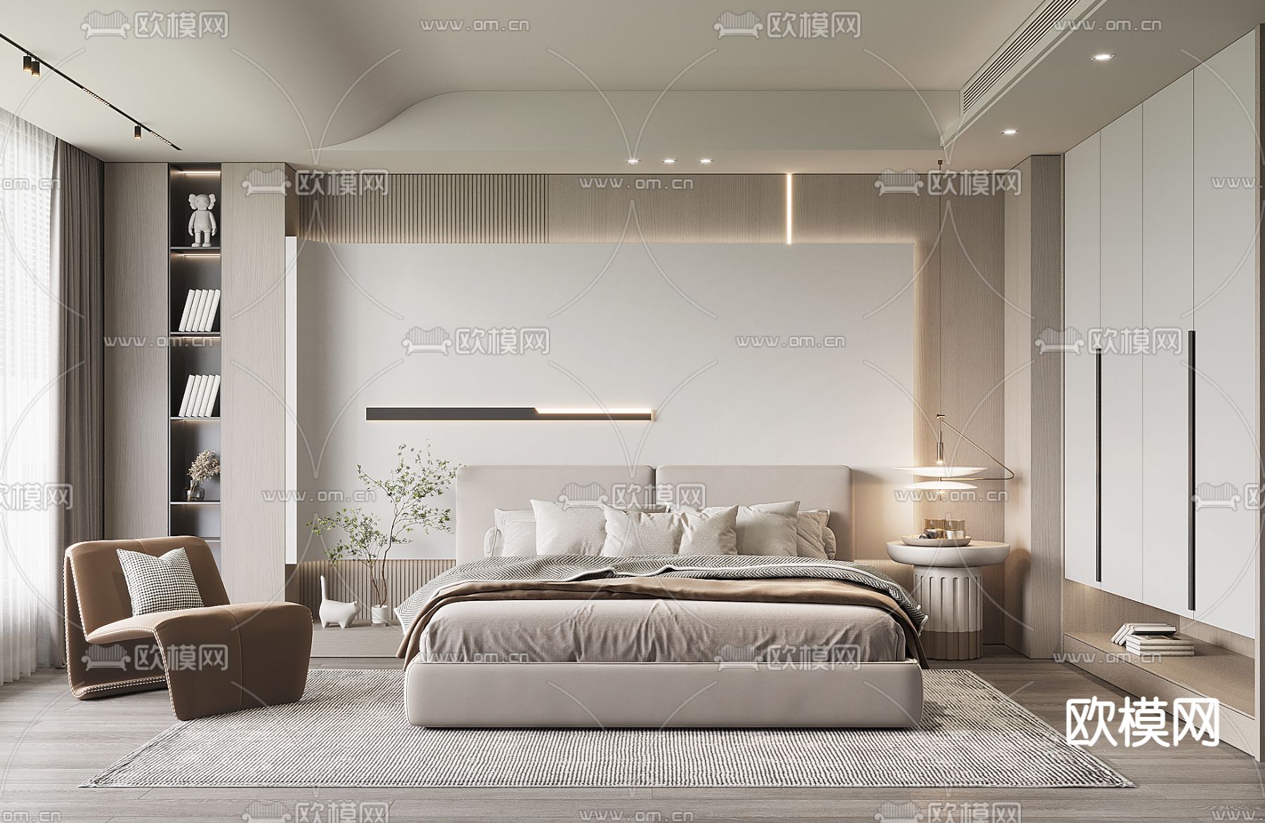 现代奶油风卧室主人房3d模型下载_ID12060370_3dmax免费模型-欧模网