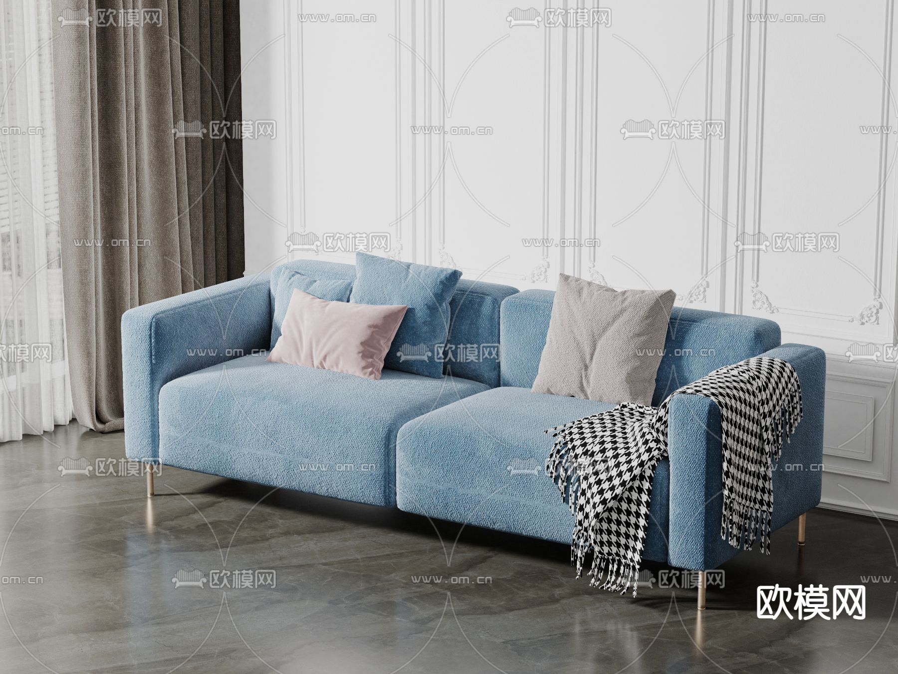 现代蓝色双人沙发3d模型下载