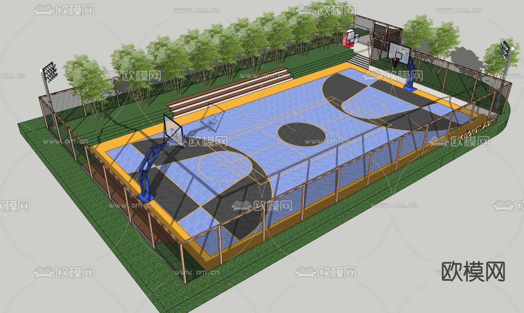 现代篮球场地运动场su模型下载（渲染图2）