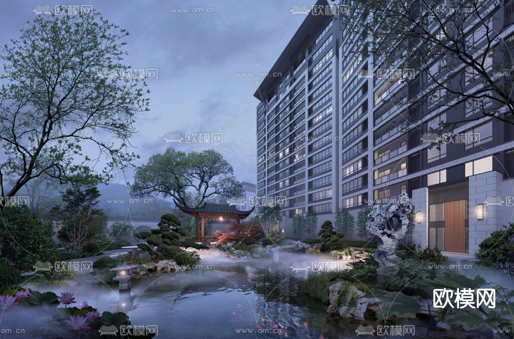 新中式假山庭院园林景观psd下载