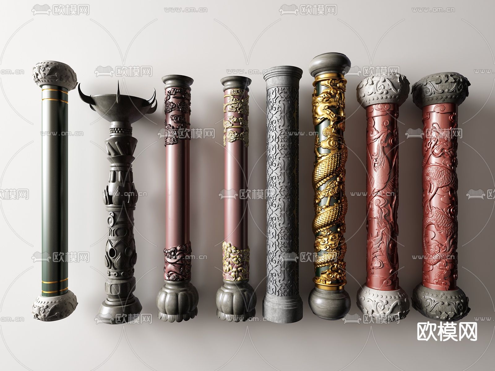 中式盘龙柱栓马柱su模型下载（渲染图1）