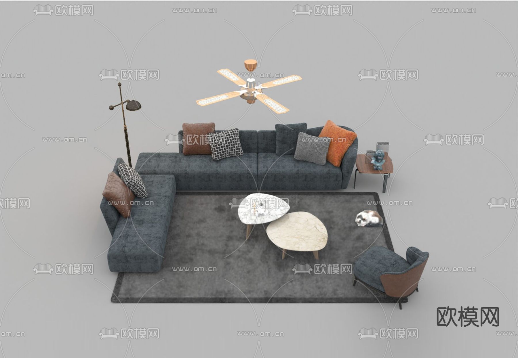 现代简约布艺转角多人沙发实木大理石茶几组合免费3d模型下载