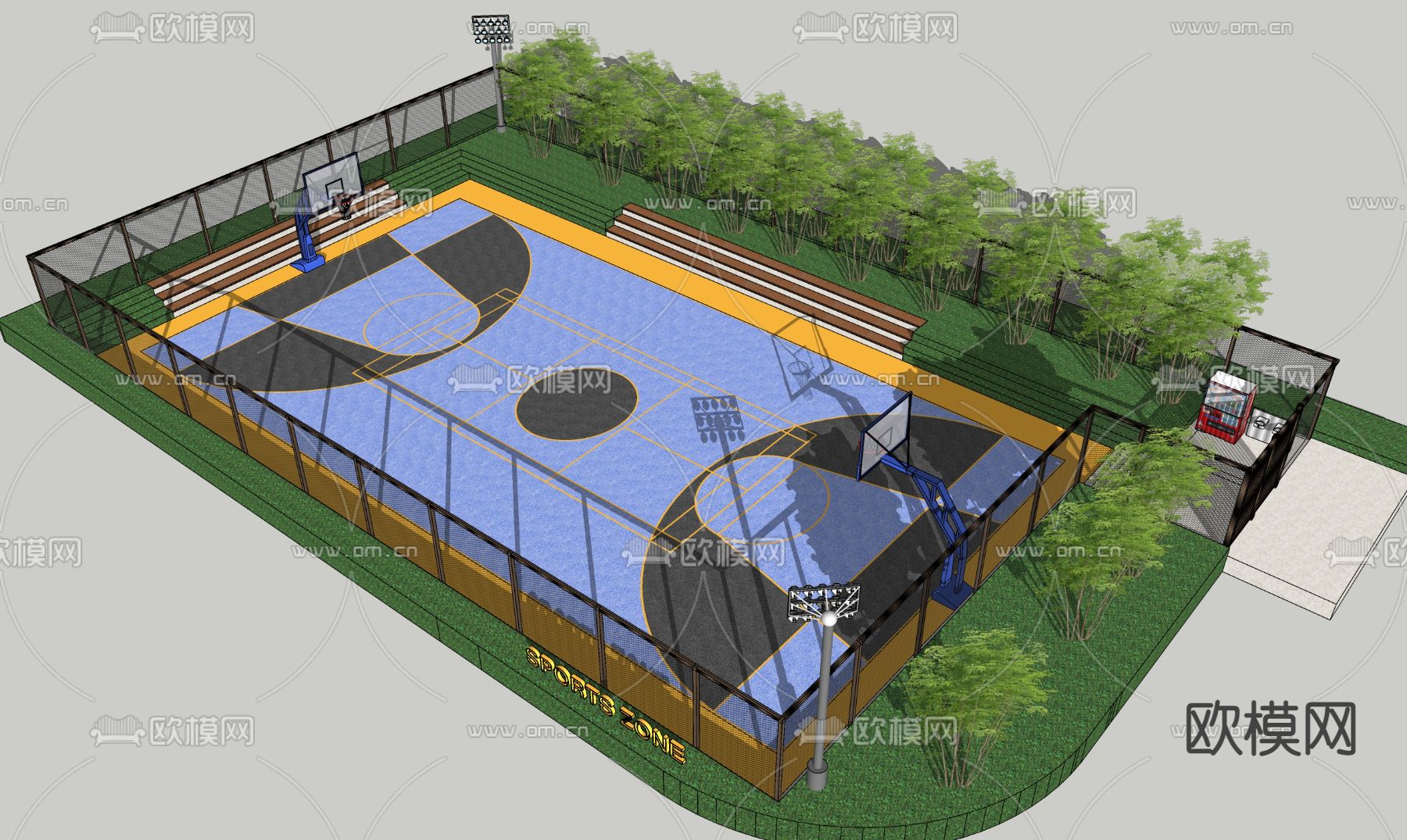 现代篮球场地运动场su模型下载（渲染图1）