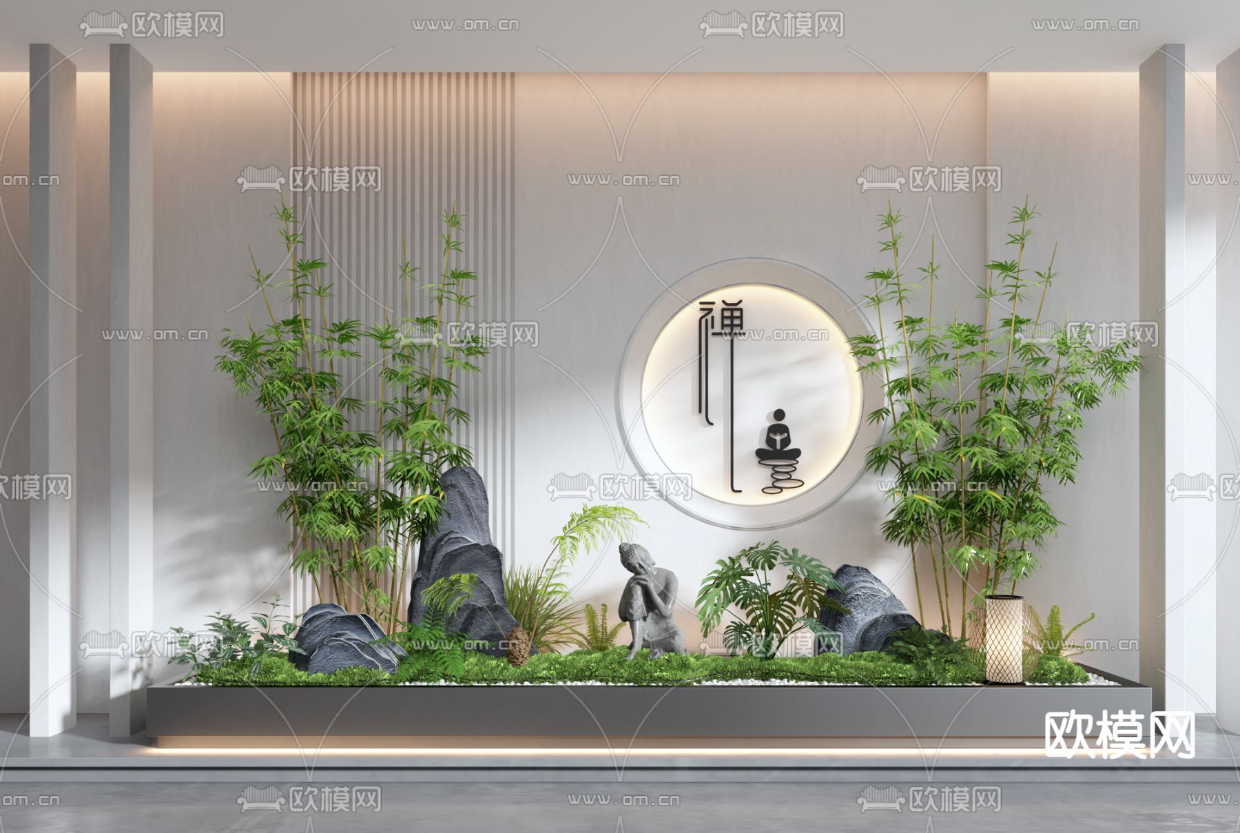 新中式室内竹子假山石景观3d模型下载