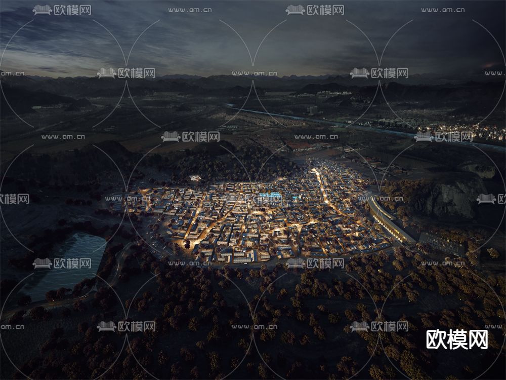 中式村庄建筑夜景鸟瞰3d模型下载