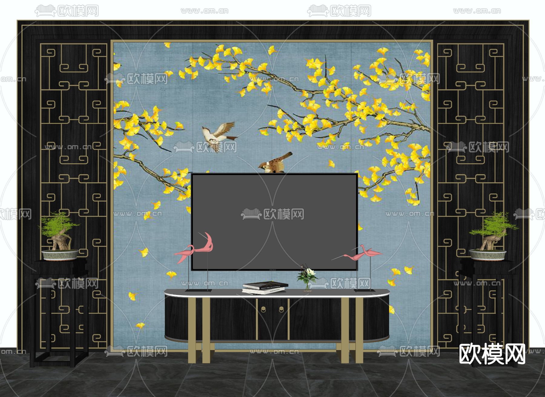 新中式电视背景墙su模型下载（渲染图2）