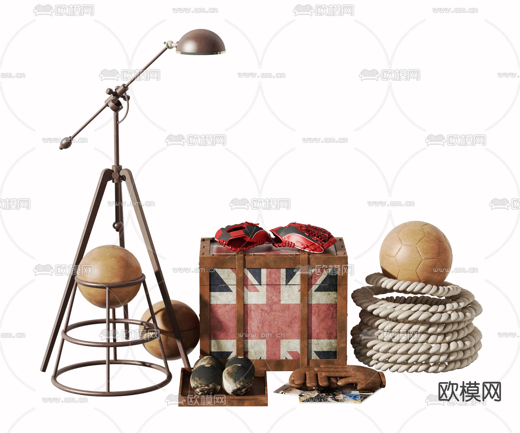 工业风健身器材麻绳手套篮球3d模型下载