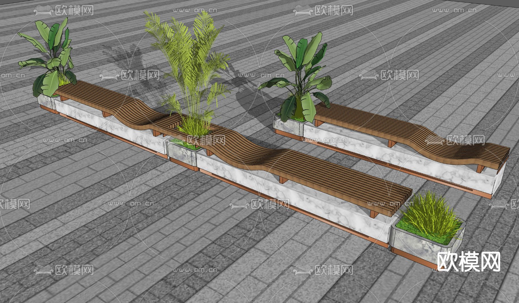 现代商业树池公共坐凳su模型下载（渲染图2）