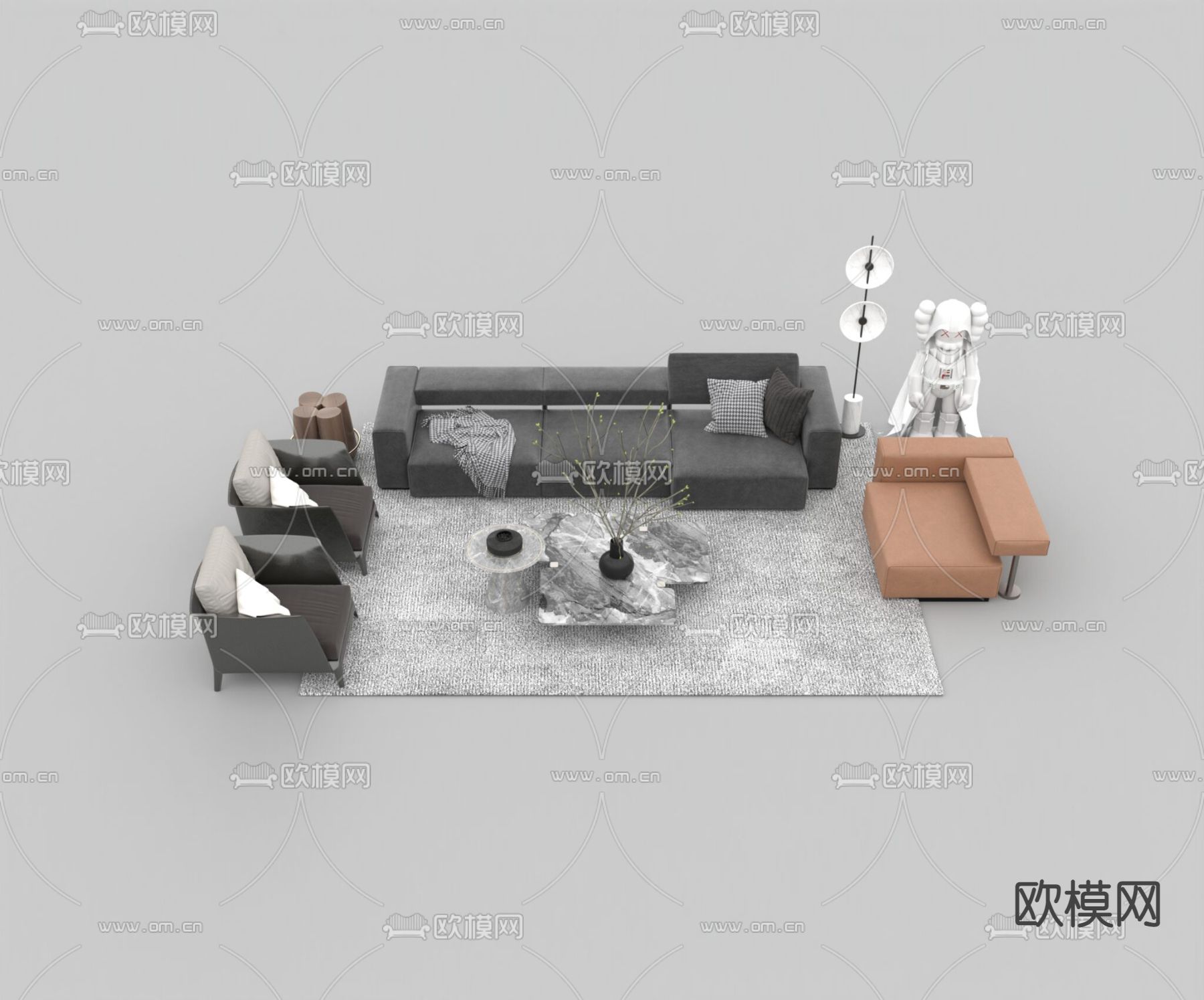 现代轻奢实木布艺大理石沙发茶几组合免费3d模型