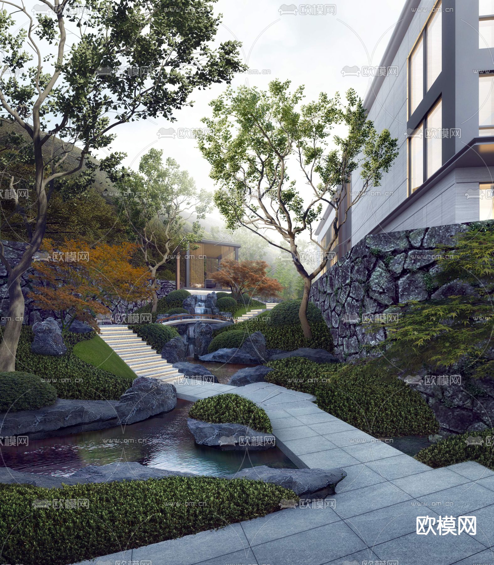 现代庭院公园园林景观psd下载_ID12062369_3dmax免费模型-欧模网