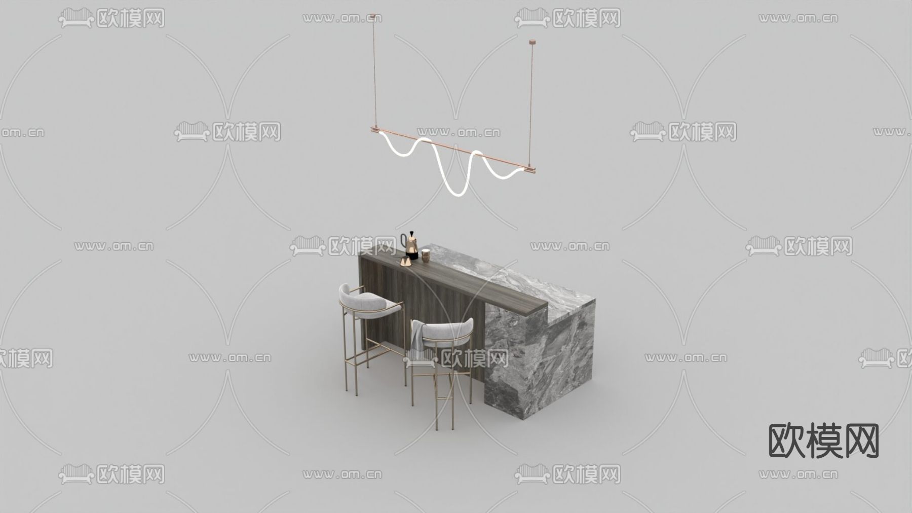 现代轻奢大理石实木不锈钢布艺吧台吧台椅免费3d模型下载