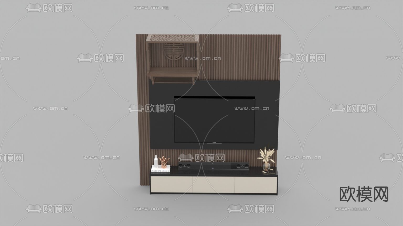 新中式格栅实木背景墙电视柜免费3d模型下载