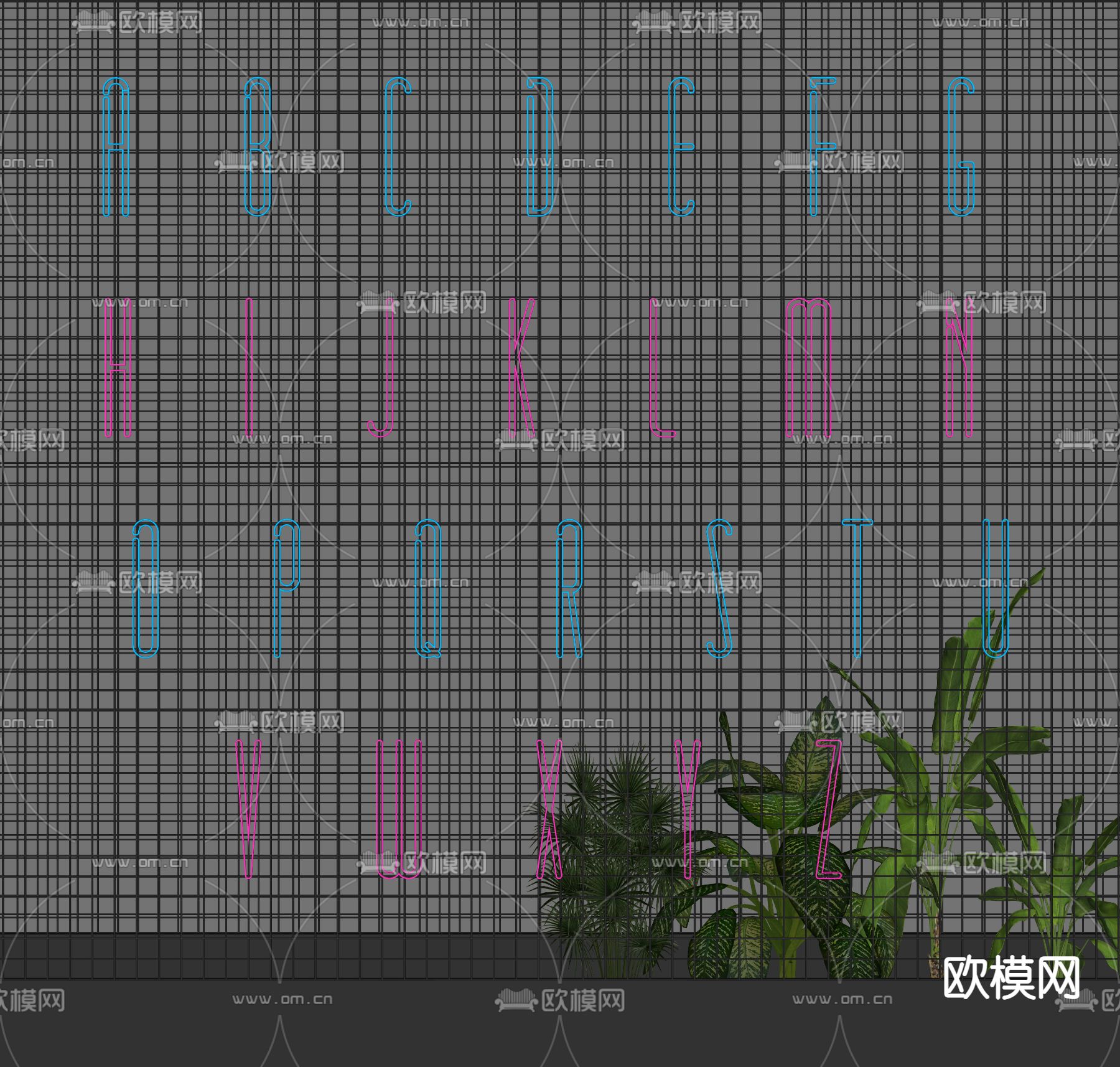 现代英文字母霓虹灯装饰灯su模型下载（渲染图2）