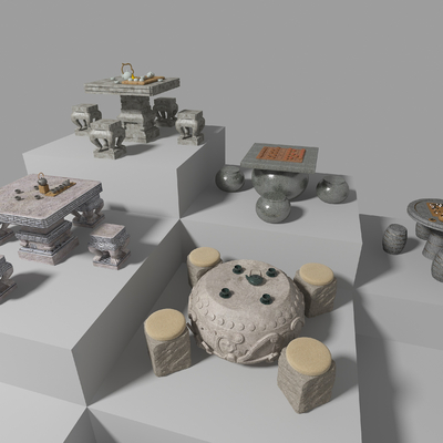  中式景观座椅户外石桌公园石桌凳su模型 