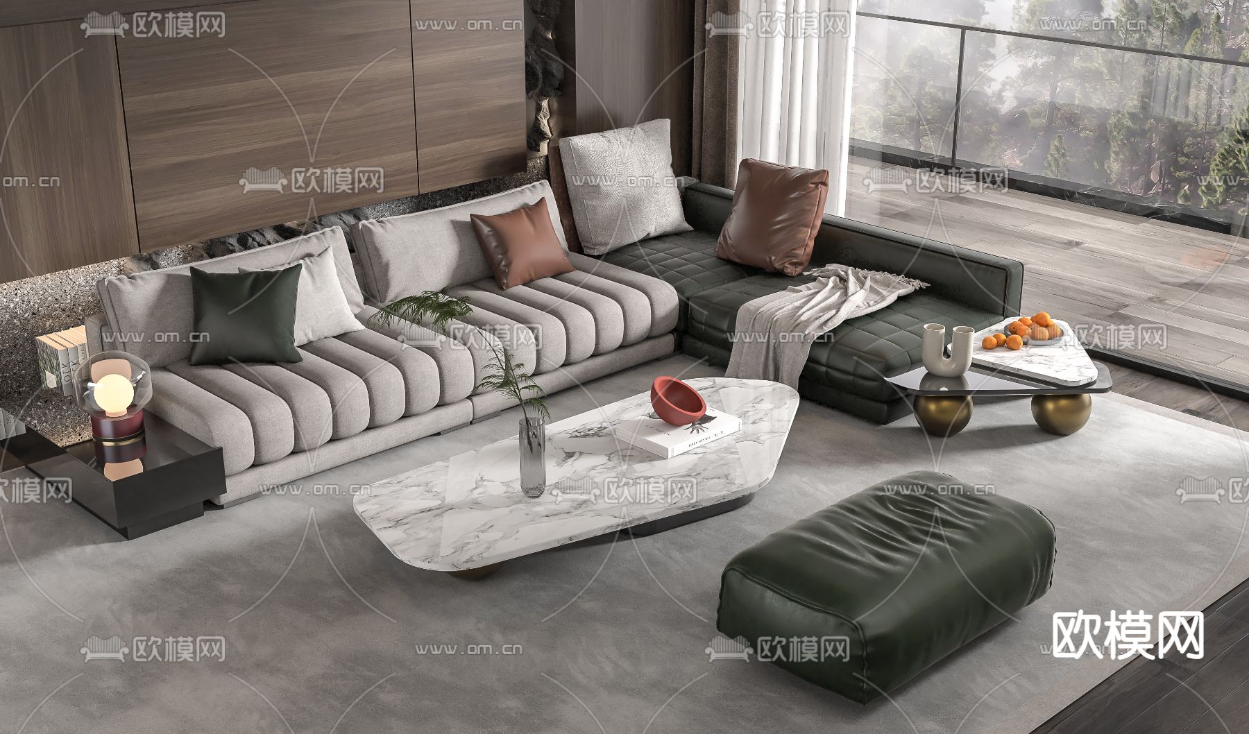 现代绿色皮革转角组合沙发3d模型下载_ID12063707_3dmax免费模型-欧模网