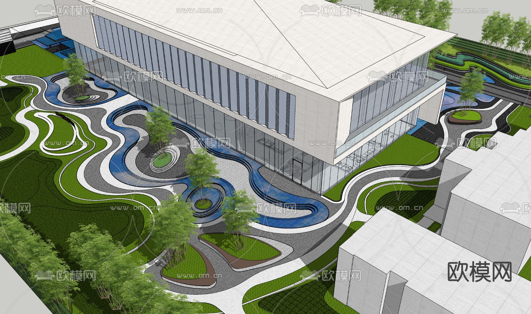 现代流线售楼处示范区su模型下载（渲染图3）