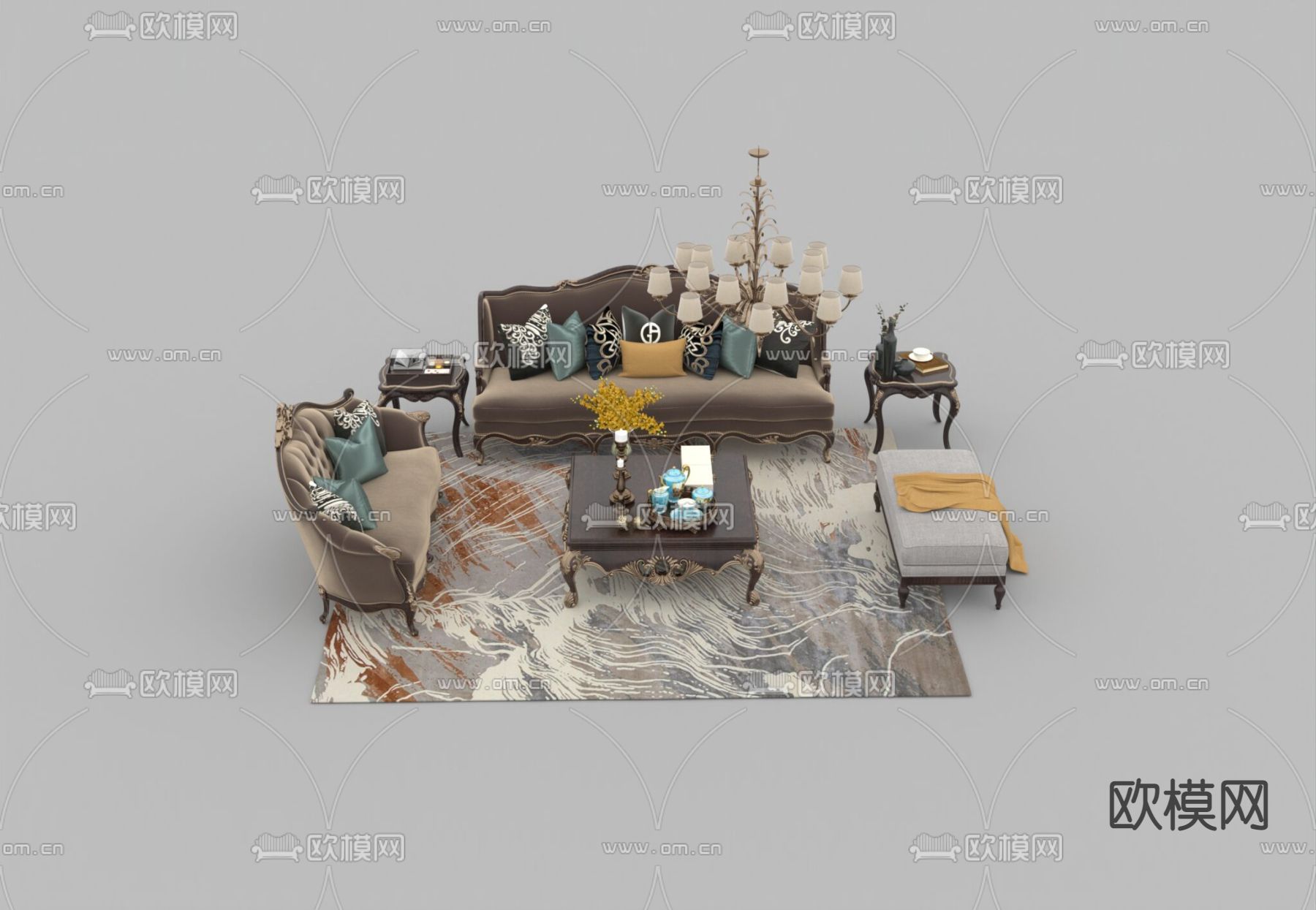 欧式古典实木描金雕花绒布沙发组合免费3d模型下载_ID12063468_3dmax免费模型-欧模网