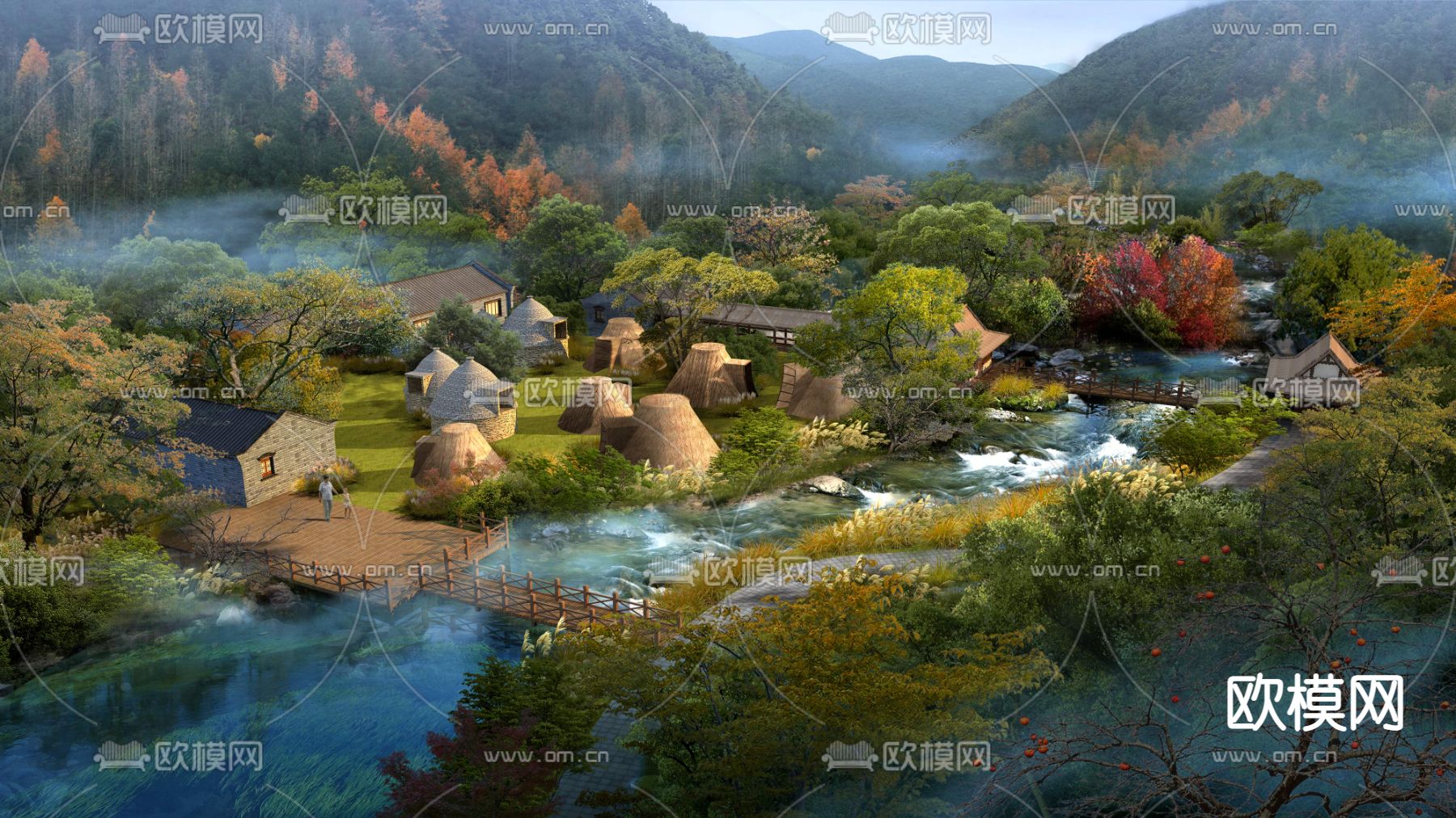 中式农村茅草屋园林景观psd下载